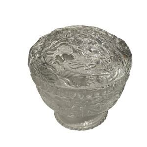 VTG Small Pressed Glass Floral Pattern Lidded Trinket Dish Dresser Jar  3" x 3"